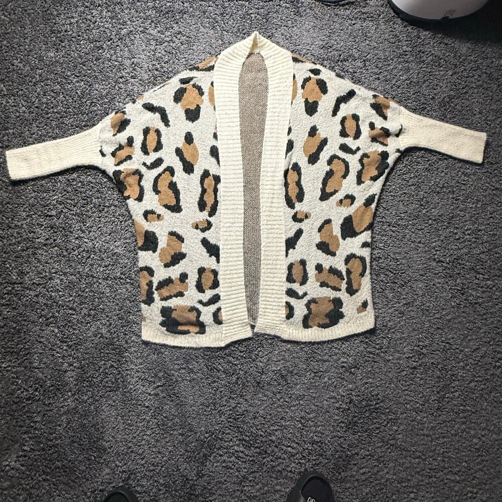Leopard Print Open Front Cardigan Sweater Womens L Oversized Fuzzy Animal Print